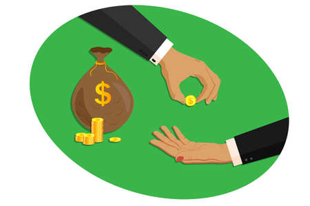Two business man and woman hands in business suits. One hand holds out, gives and lends a bag of money, gold dollars coins. The second hand gesture asks for money. Deposits, loans, finance and bankingのイラスト素材