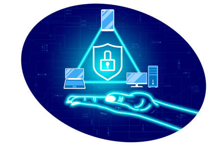 Network cyber security, data protection, electronic payments, transactions and transfer worldwide. Cyber digital hand holds smartphone, pc and laptop, gadgets with shield, lock on a digital backgroundのイラスト素材