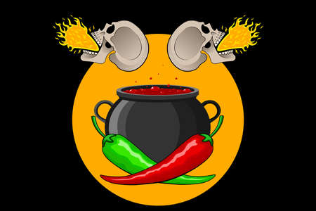 Hot red and green mexican peppers on the background of a cauldron with hot simmering Mexican dish and skull with fire from the mouth. Vector isolated for cooking, websites, blogs, advertisingのイラスト素材