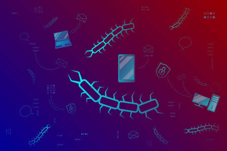 Cyber digital background with bugs, hacker attack symbols. Network cyber security, data protection, electronic payments, transactions. Smartphone, pc and laptop, gadgets with shield, lock. Vectorのイラスト素材