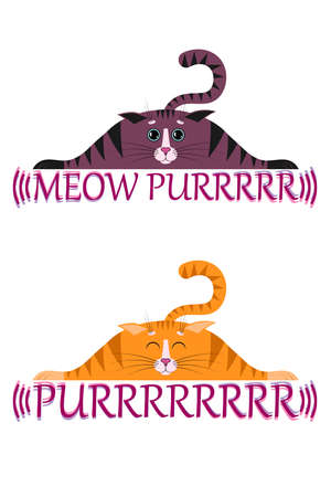 A cute cartoon striped red cat, kitty with eyes closed sleeps, lies on a flat surface with its paws spread out to the sides. With the inscription Meow Purr. Two design options. Vector isolatedのイラスト素材