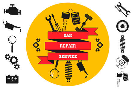 Car repair service, diagnostics, maintenance, tire fitting - inscription on a ribbon. Around are spares, machine parts and tools icons, sign. Vector isolated in retro style for service, storeのイラスト素材