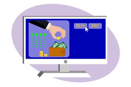 On the monitor screen, a hand of a business man in a suit puts a golden dollar in a leather purse. Online payments, money transfers, online purchases. Vector on white isolated background.のイラスト素材