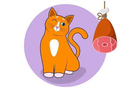 A cute cartoon red cat, kitty sits with narrowed eyes and happy face, muzzle next to the hanging ham. Food for cats and pets. Cat with long mustache, sharp ears and long tail. Vector for pets shopのイラスト素材