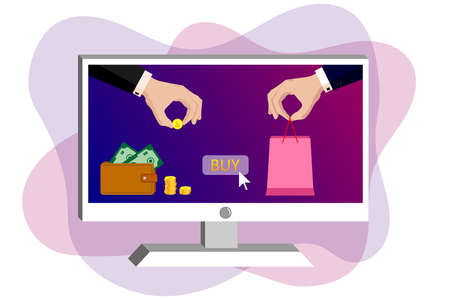 On the monitor screen one hand in suit pays golden coin, the second hand holds out the package with the purchase. Online payments, money transfers, online purchase. Vector on white isolated backgroundのイラスト素材