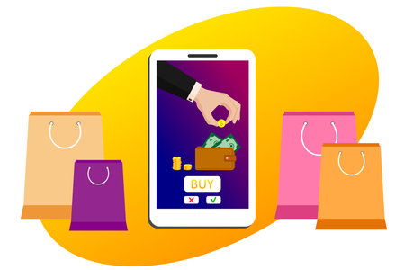 On the smartphone screen, a buyer's hand in a suit pay with golden dollar coins, pays for internet...