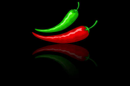 Hot red and green mexican peppers on the black background with mirror reflection. Vector for spicy hot Mexican, Indian dishes, sauces, cooking, kitchen. With workspaceのイラスト素材