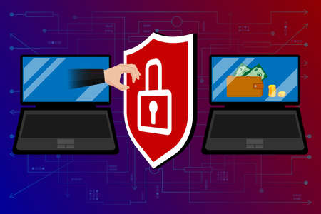 Network cyber security, data protection, electronic payments, transactions and transfer. A fraudster's hand is trying to steal data, money from a laptop. Shield with lock on a digital backgroundのイラスト素材
