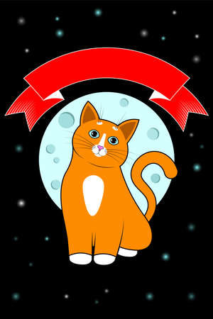 Greeting card, cover, print. Cute cartoon cat, kitty with festive ribbon and moon with stars. Vector. Cat with a funny muzzle, happy face, blue eyes, long mustache, sharp ears. Vector high qualityのイラスト素材