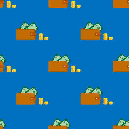 Seamless ornament, pattern, background and template. Leather wallet, purse with a stack of gold coins. Issuing loans, deposits, loan money, saving money and finances, banking. Vector squareのイラスト素材