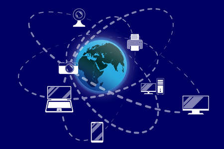 Icons, symbols of digital and computer technology, gadgets revolve around the planet Earth. Buying and selling digital and computer technology, gadgets in a store, website, supermarket. Vector hqのイラスト素材