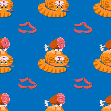 Seamless ornament, texture, pattern, background, template. A cute cartoon red fat cat, kitty lies on its back and holds in its paws big appetizing ham, sausages. For animal store, pets shop. Vectorのイラスト素材