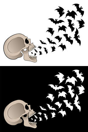A flock of bats fly out of the open mouth of a human skull. Illustrations, decor for Halloween. Vector in two design options. Grinning scary, frightening human Skull. All Saints' Dayのイラスト素材