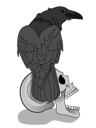A black raven sits on a grinning human skull. Illustration for Occult, Ritual, Black Magic and Witchcraft. Raven looks over his shoulder. Grinning scary human Skull with open mouth. Vector isolatedのイラスト素材