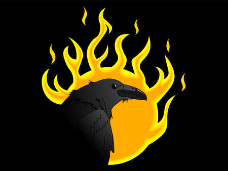 A black raven sits on the background of hellish flames, fire. Illustration for Occult, Ritual, Black Magic and Witchcraft. Raven looks over his shoulder. Vector isolated. Raven eyeのイラスト素材