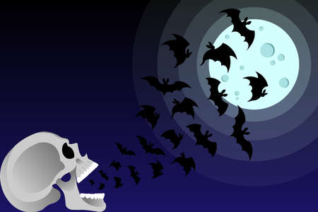 A flock of bats fly out of the open mouth of a human skull. Decor for Halloween. Vector. Grinning scary, frightening human Skull. On the background of the night sky and the moonのイラスト素材