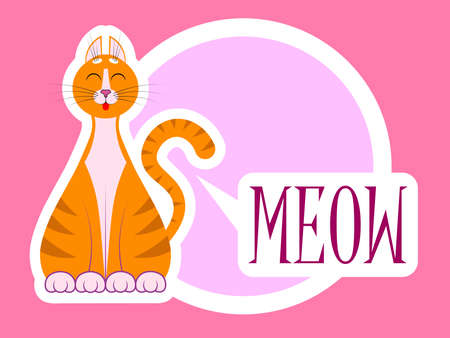 A cute cartoon red cat, kitty sit with closed eyes and happy face, muzzle. With inscription Meow. With white outline. For animal store, pets shop. Vector isolated High Qualityのイラスト素材