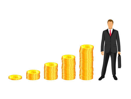 A businessman in a business suit with a briefcase in his hands stands on the background of gold coins in the form of a growing graph. Issuing loans, deposits, loan money, saving and finances, bankingのイラスト素材
