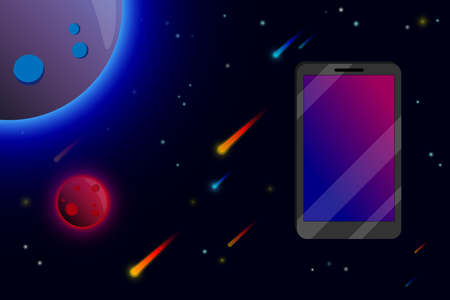 Presentation of the release of a new smartphone, phone on the background of a space landscape, planets, stars and meteorites. Advertising, sale of a new smartphone, phone. Flagship, top sales. Vectorの写真素材
