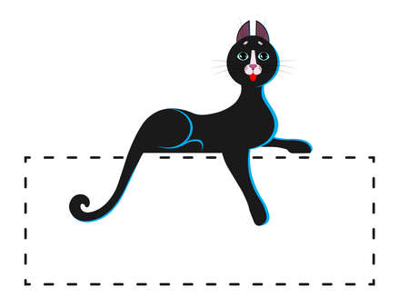A cute cartoon cat, kitty with a happy contented face lies on a flat surface, hanging its paw. Cat with big blue eyes, long mustache and sharp ears. Blank template for design, decoration. Vectorのイラスト素材