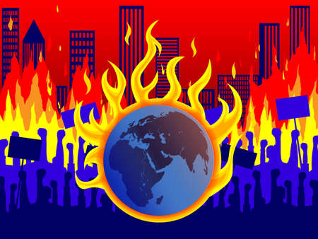 Public protests. Silhouettes of raised fists protesting on the background of a burning Earth, city, skyscrapers. Ball of fire, burning buildings, city. News illustration, info, article, publicationのイラスト素材