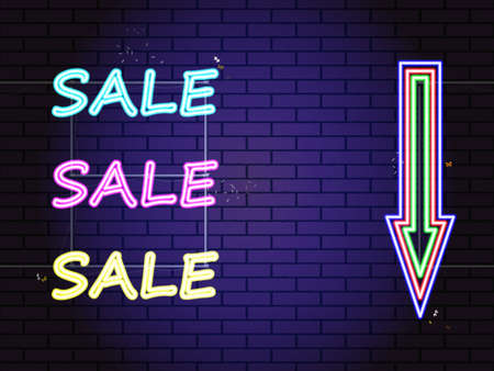 Neon lettering sale in different colors, neon arrow target designator on a illuminated brick wall background. Vector for design, decoration, background for shops, discounts, promotions, black fridayの写真素材