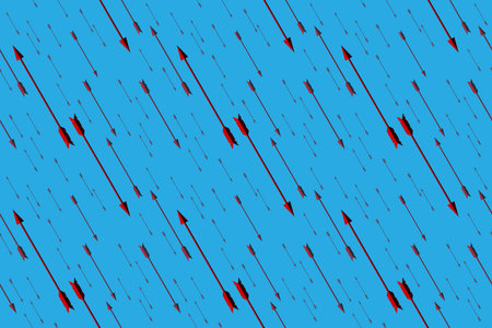 Flying, rising and falling bloody arrows of different sizes at different distances, depth of field....