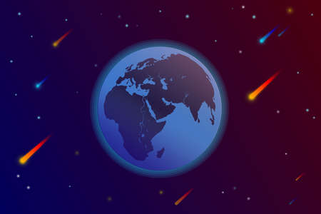 Space landscape, fantastic background. Planet Earth against the background of a meteor rain, stars, comets. Illustration horizontal. For design, decoration, blank, template.の写真素材
