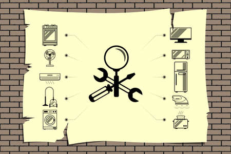 Repair service announcement, maintenance of household appliances - Crossed screwdriver, wrench and magnifier with icons household appliances. Announcement sheet hanging on a brick wall. Vector hqのイラスト素材