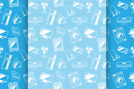 Symbols and images of household appliances. Background for inscriptions, text. White blurred frosted glass effect. Template for shops, websites, sales, ads and advertisementsの写真素材