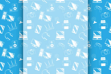 Symbols and images of digital, video and computer equipment. Background for inscriptions, text. White blurred frosted glass effect. Template for shops, websites, sales, ads and advertisementsの写真素材