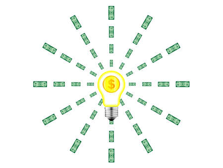 Business idea. A gold dollar coin in lightbulb emits light in the form of green banknotes. A million dollar idea. Loan, deposit, investment, profitable job, high income. Vector isolatedのイラスト素材