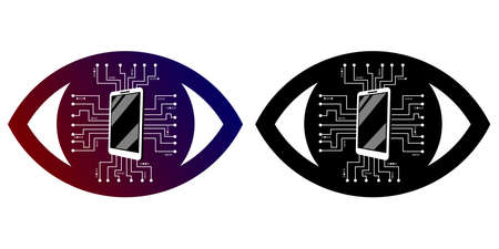 Mobile espionage. Smartphone on a digital background. Tracking eye, identity theft. Black stylized eye on a white isolated background. Attackers, applications, viruses that steal personal information.のイラスト素材