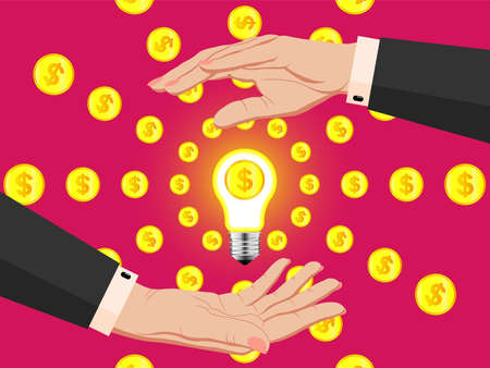 Business idea. Businesswoman in a business suit holds a light bulb in her hands. A gold dollar coin in lightbulb emits light in the form of gold coins. A million dollar idea. Loan, deposit, investmentのイラスト素材