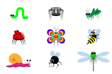 Funny cartoon insects. Different emotions and postures. A set of 9 images. Vector for children's publications, editions, websites and shops. On a white isolated background. Various bright insectsのイラスト素材