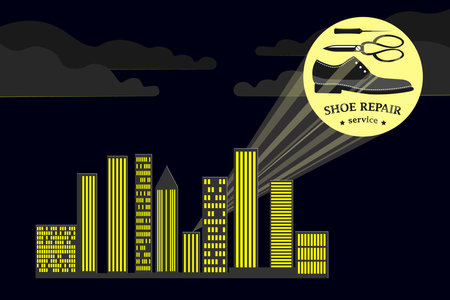 Shoe repair service and maintenance. Vector image of logo. Repair of women's and men's shoes. Spotlight beam on the background of skyscrapers, cityscape. Sign calling superheroes. Vectorのイラスト素材