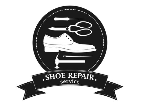 Shoe repair service and maintenance. Vector image of logo. Trendy concept in old retro style. Shoemaker, cobbler logo template. Repair of women's and men's shoes. Shoes and a set of tools silhouetteのイラスト素材