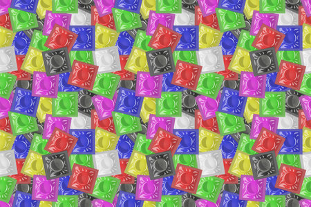 Seamless ornament, pattern, medical background, template. A lot of multi-colored condoms, contraceptive that lie on top of each other. Print, decor, design. Safety and protectionの写真素材