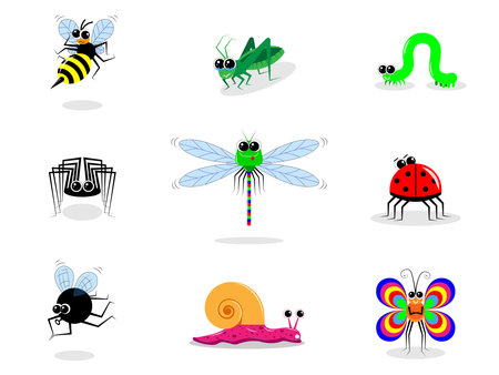 Funny cartoon insects. Different emotions and postures. A set of 9 images. Vector for children's publications, editions, websites and shops. On a white isolated background. Various bright insectsのイラスト素材