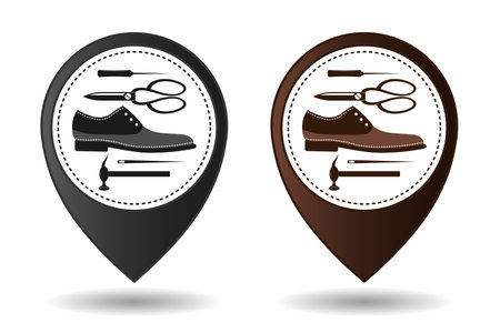 Shoe repair service and maintenance. Geolocation sign, location designation. Shoemaker, cobbler template. Repair of women's and men's shoes. Shoes and a set of tools silhouette. Vectorのイラスト素材