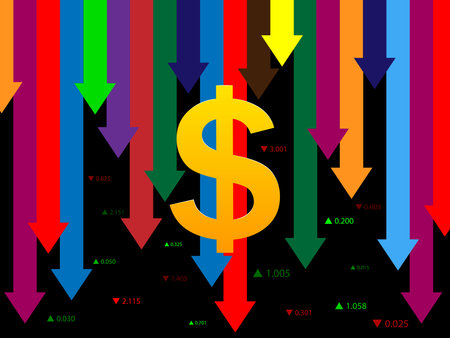 Illustration - Fall, depreciation of the Dollar, decrease of the value of the monetary unit, rate in the form of arrows of different heights and colors. For financial company, bank, currency exchangeのイラスト素材
