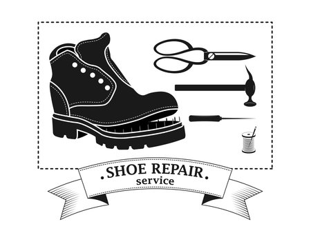 Shoe repair service and maintenance. Vector image of logo. Trendy concept in old retro style. Shoemaker, cobbler logo template. Repair of women's and men's shoes. Boots and a set of tools silhouetteのイラスト素材