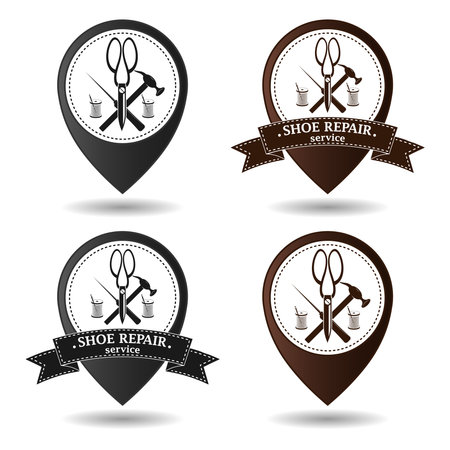 Shoe repair service and maintenance. Geolocation sign, location designation. Shoemaker, cobbler logo template. Repair of women's and men's shoes. Shoes and a set of tools silhouette. Vectorのイラスト素材