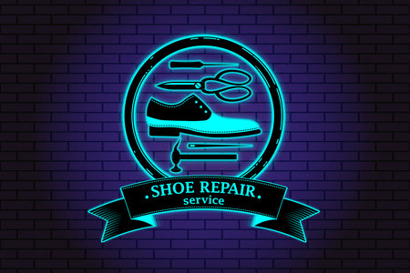 Shoe repair service and maintenance. Vector image . Neon symbol in old retro style. On background of brick illuminated wall. Repair of women's, men's shoes. Shoes and a set of tools silhouetteの写真素材