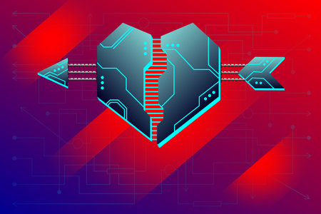 Cyber Valentine's Day. Cyber style holiday illustration. Cybernetic heart on digital background. Stylized template, blank for the inscription congratulations. Vector in neon colorsの写真素材