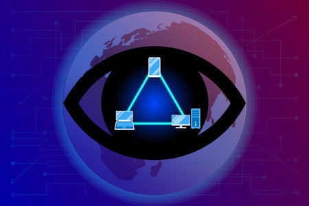Network espionage. Tracking eye, identity theft. Gadgets, Black stylized eye on digital background of the planet Earth. Attackers, program, software, virus that steal personal information. Vector EPSの写真素材