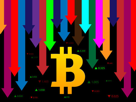 Fall, depreciation of the Bitcoin, decrease of the value of the cryptocurrency, rate in the form of arrows of different heights and colors. For financial companies, banks, currency exchangeのイラスト素材