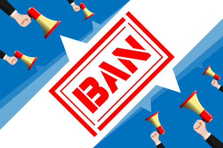Ban, Prohibition of freedom of speech. Internet censorship. Illustration hand in a business suit holds a bullhorn, megaphone. Red stamp BAN. Ban of free thought, freedom of the media, civil positionsのイラスト素材