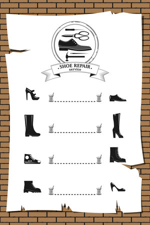 Shoe repair service and maintenance. Vector image. Shoemaker, cobbler logo template. Repair of women's and men's shoes. Shoes and a set of tools silhouette. Announcement sheet hanging on a brick wallのイラスト素材