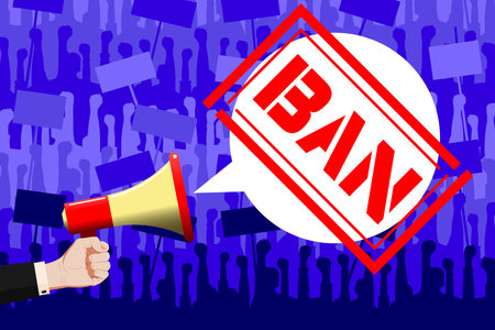 Ban, Prohibition of freedom of speech. Internet censorship. Illustration hand in a business suit holds a bullhorn, megaphone. Red stamp BAN. Ban of free thought, freedom of the media, civil positionsのイラスト素材